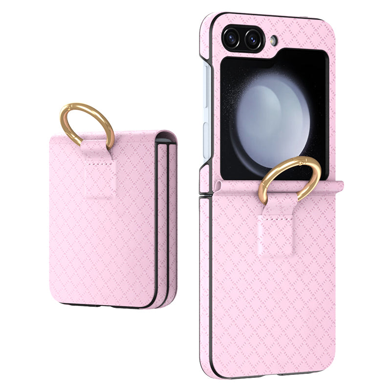 GKK For Samsung Galaxy Z Flip5 5G Hard PC PU Phone Case Grids Imprinted Slim Phone Cover with Ring Finger Holder GKK For Samsung Galaxy Z Flip5 5G Hard PC PU Phone Case Grids Imprinted Slim Phone Cover with Ring Finger Holder